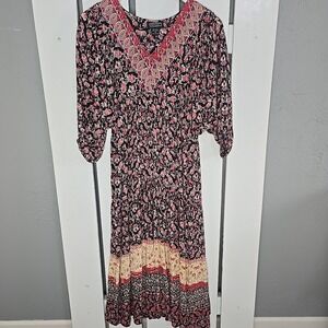 Angie Womens Midi Dress Small Black Red Floral Colorblock Boho Peasant